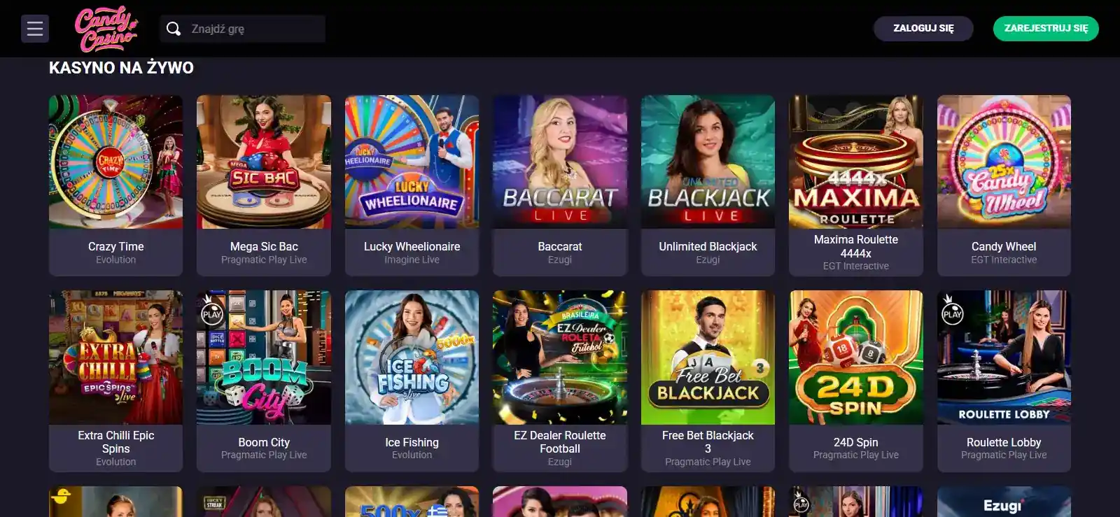 Aktualny widok sekcji Kasyno na żywo Candy Casino