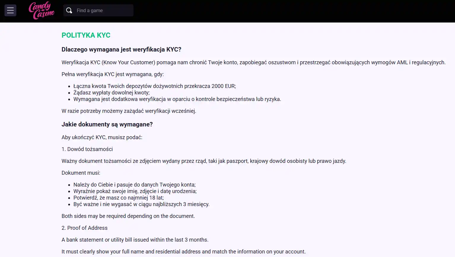 Oficjalna sekcja AML i KYC Candy Casino