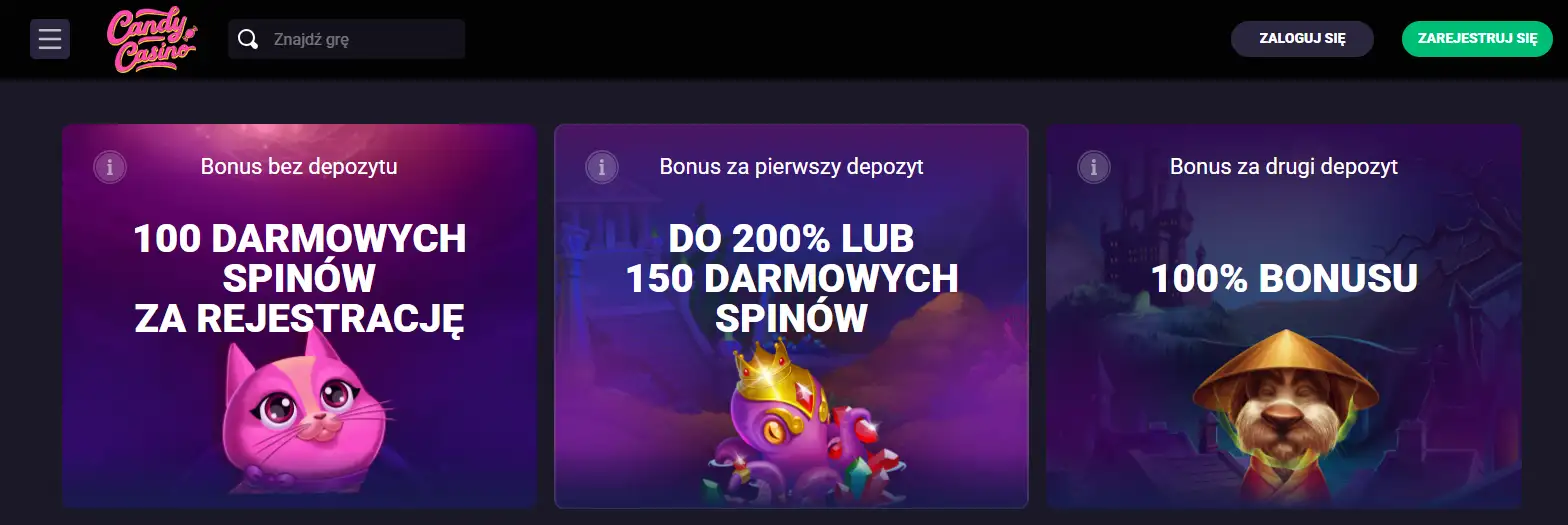Aktualny ekran oferty bonusowej Candy Casino