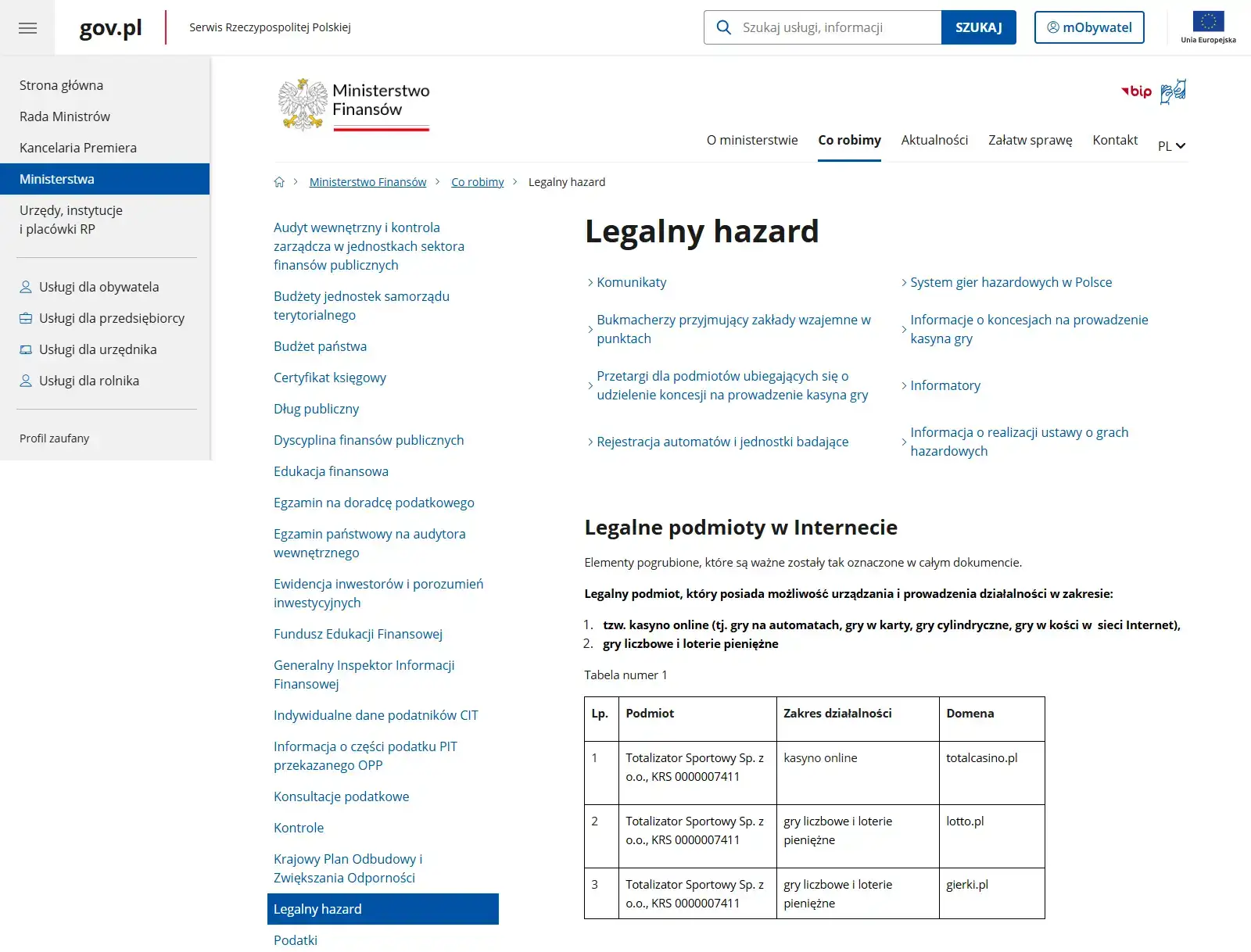 Fragment strony Ministerstwa Finansów z informacją o legalnym hazardzie online w Polsce